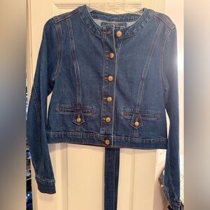 LOFT Blue Denim Cropped Jacket with Gold Buttons